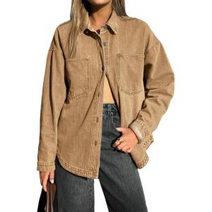 EMMIOL Women Denim Shirts Oversized Long Sleeve Button Down Blouse Distresse Jean Jacket Fall Outfits 2026(C1 Brown)