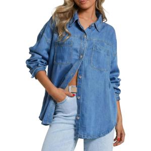 EMMIOL Women Denim Shirts Oversized Long Sleeve Button Down Blouse Distresse Jean Jacket Fall Outfits 2026(Dark Blue-thin)