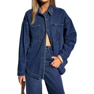 EMMIOL Women Denim Shirts Oversized Long Sleeve Button Down Blouse Distresse Jean Jacket Fall Outfits 2026(Deep Blue)