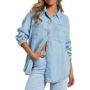 EMMIOL Women Denim Shirts Oversized Long Sleeve Button Down Blouse Distresse Jean Jacket Fall Outfits 2026(Light Blue-thin)