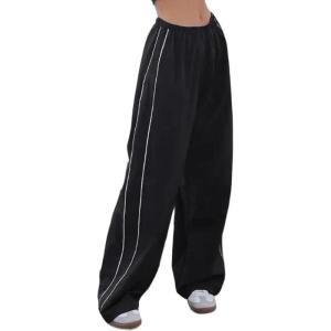 EMMIOL Y2K Baggy Nylon Track Pants Women High Waist Contrast Trousers(Black)