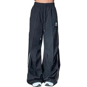EMMIOL Y2K Baggy Nylon Track Pants Women High Waist Contrast Trousers(Blue2)