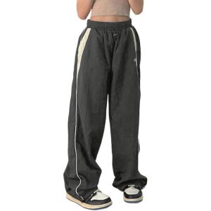 EMMIOL Y2K Baggy Nylon Track Pants Women High Waist Contrast Trousers(Grey)
