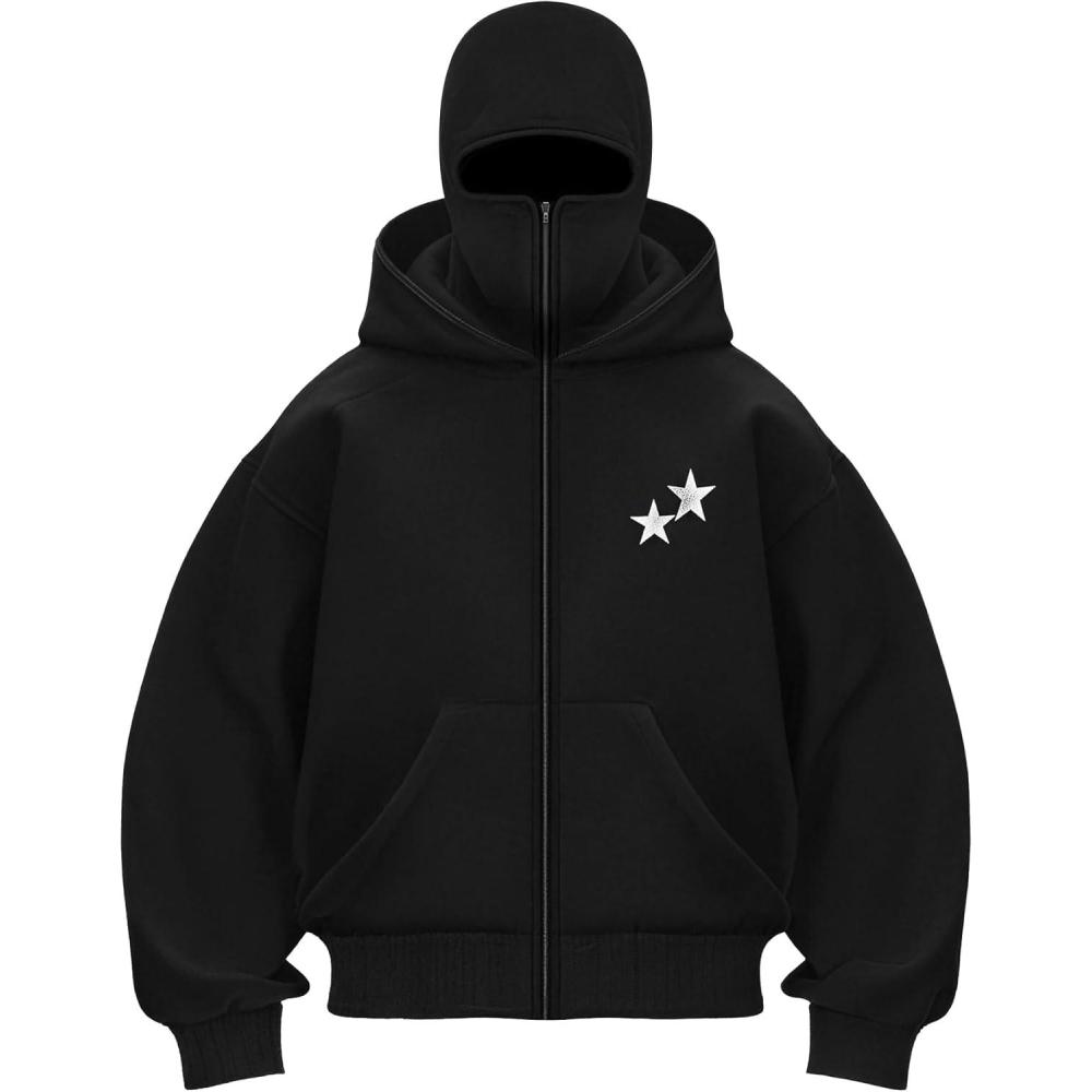 image:imageEMMIOL Balaclava Oversized Full Zip Hoodie With BuiltIn Wind Proof Mask Long Sleeve Pullover Sweatshirt With PocketAblack
