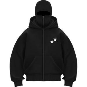 EMMIOL Balaclava Oversized Full Zip Hoodie With Built-In Wind Proof Mask Long Sleeve Pullover Sweatshirt With Pocket(A-black)