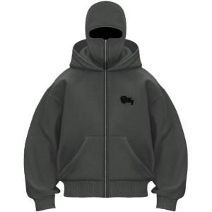 EMMIOL Balaclava Oversized Full Zip Hoodie With Built-In Wind Proof Mask Long Sleeve Pullover Sweatshirt With Pocket(A-dark Grey)