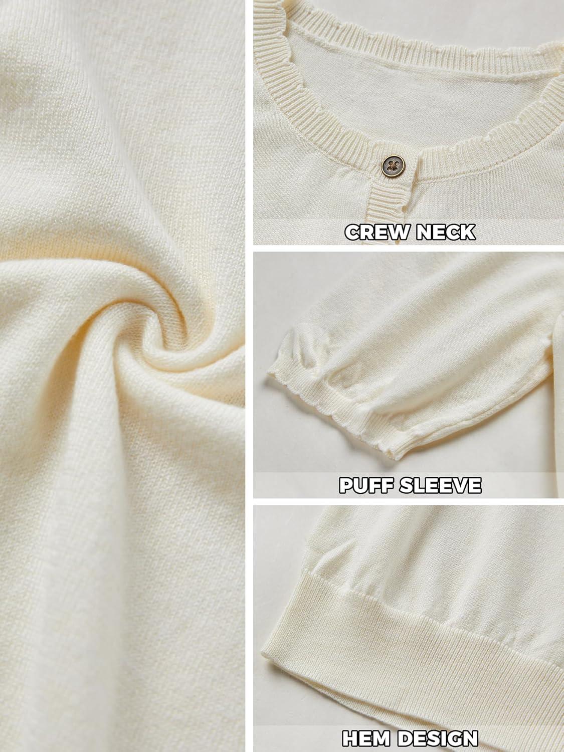 image:imageCardigan for Women Short Puff Sleeve Button Down Cardigans Trendy Lightweight Crew Neck Knit Tops Bolero ShrugApricot
