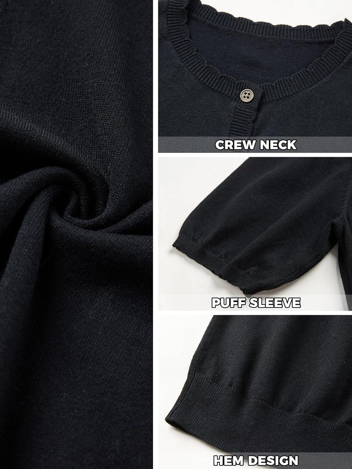 image:imageCardigan for Women Short Puff Sleeve Button Down Cardigans Trendy Lightweight Crew Neck Knit Tops Bolero ShrugBlack
