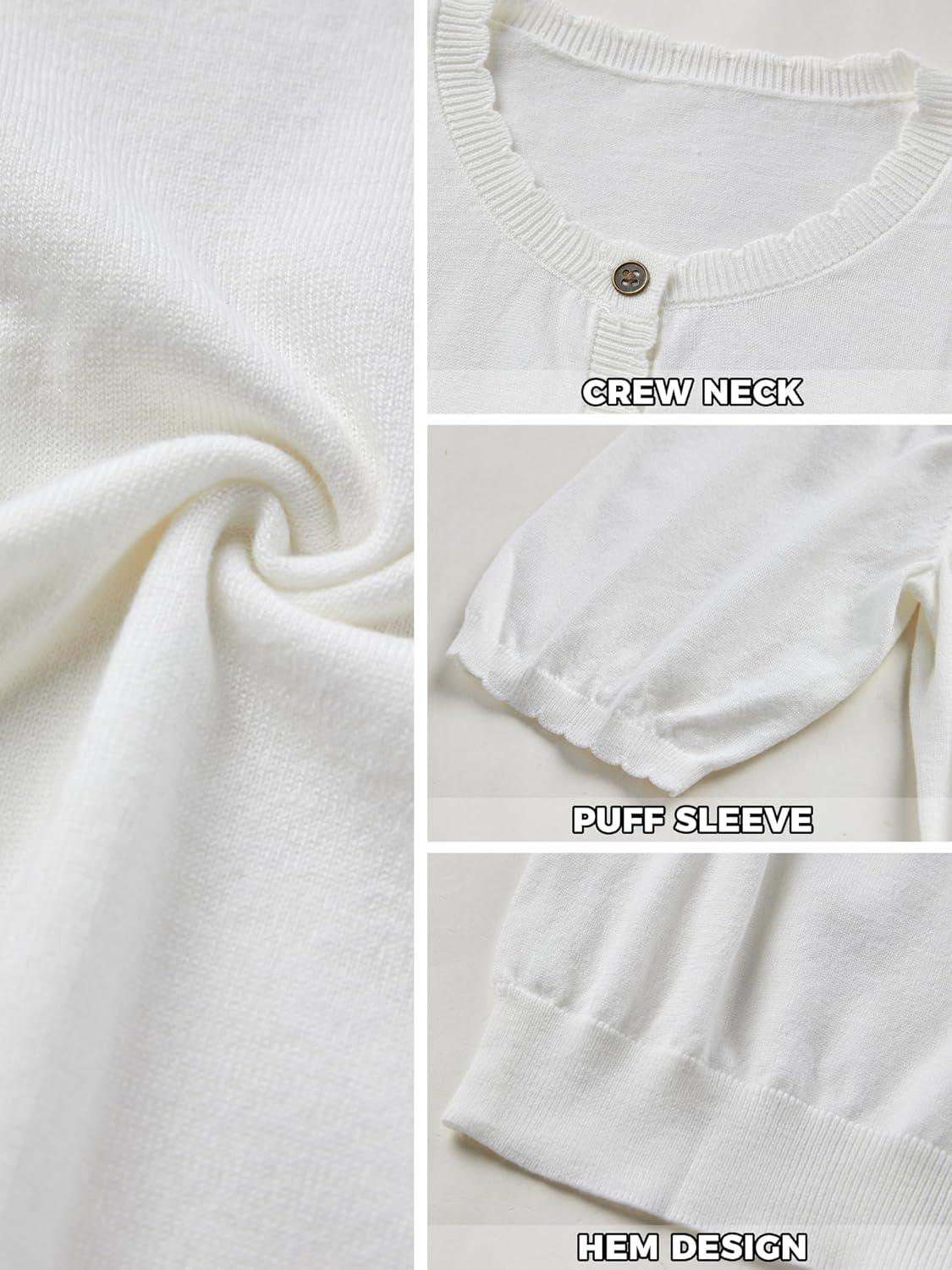 image:imageCardigan for Women Short Puff Sleeve Button Down Cardigans Trendy Lightweight Crew Neck Knit Tops Bolero ShrugWhite