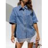 EMMIOL Women Denim Shirts Oversized Long Sleeve Button Down Blouse Distresse Jean Jacket Fall Outfits 2026(Dark Blue-short Sleeve)