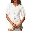 Cardigan for Women Short Puff Sleeve Button Down Cardigans Trendy Lightweight Crew Neck Knit Tops Bolero Shrug(White)