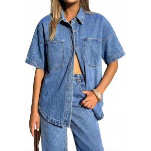 EMMIOL Women Denim Shirts Oversized Long Sleeve Button Down Blouse Distresse Jean Jacket Fall Outfits 2026(Dark Blue-short Sleeve)