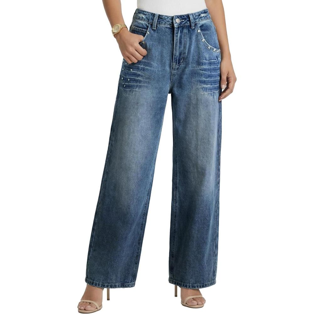 image:imageEMMIOL 2026 Womens Mid High Waisted Wide Leg Jeans Rivet Y2K Baggy Jeans Trendy Loose Straight Denim Pants with PocketsBb002blue