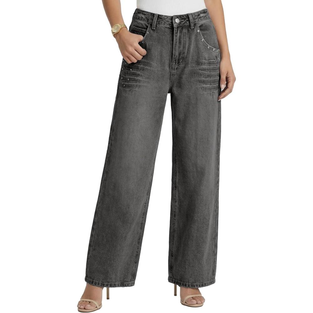 image:imageEMMIOL 2026 Womens Mid High Waisted Wide Leg Jeans Rivet Y2K Baggy Jeans Trendy Loose Straight Denim Pants with PocketsBb002gray Black