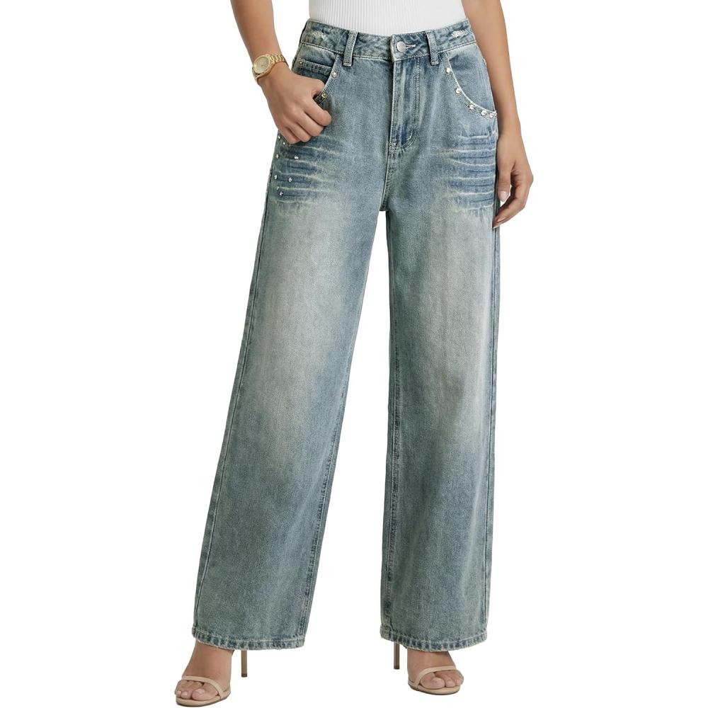 image:imageEMMIOL 2026 Womens Mid High Waisted Wide Leg Jeans Rivet Y2K Baggy Jeans Trendy Loose Straight Denim Pants with PocketsBb002old Blue