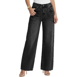 EMMIOL 2026 Women’s Mid High Waisted Wide Leg Jeans Rivet Y2K Baggy Jeans Trendy Loose Straight Denim Pants with Pockets(Bb001-black)