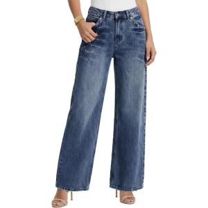EMMIOL 2026 Women’s Mid High Waisted Wide Leg Jeans Rivet Y2K Baggy Jeans Trendy Loose Straight Denim Pants with Pockets(Bb001-dark Blue)