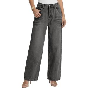 EMMIOL 2026 Women’s Mid High Waisted Wide Leg Jeans Rivet Y2K Baggy Jeans Trendy Loose Straight Denim Pants with Pockets(Bb002-gray Black)