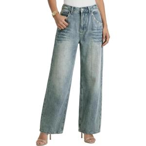 EMMIOL 2026 Women’s Mid High Waisted Wide Leg Jeans Rivet Y2K Baggy Jeans Trendy Loose Straight Denim Pants with Pockets(Bb002-old Blue)
