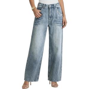 EMMIOL 2026 Women’s Mid High Waisted Wide Leg Jeans Rivet Y2K Baggy Jeans Trendy Loose Straight Denim Pants with Pockets(Bb002-sky Blue)