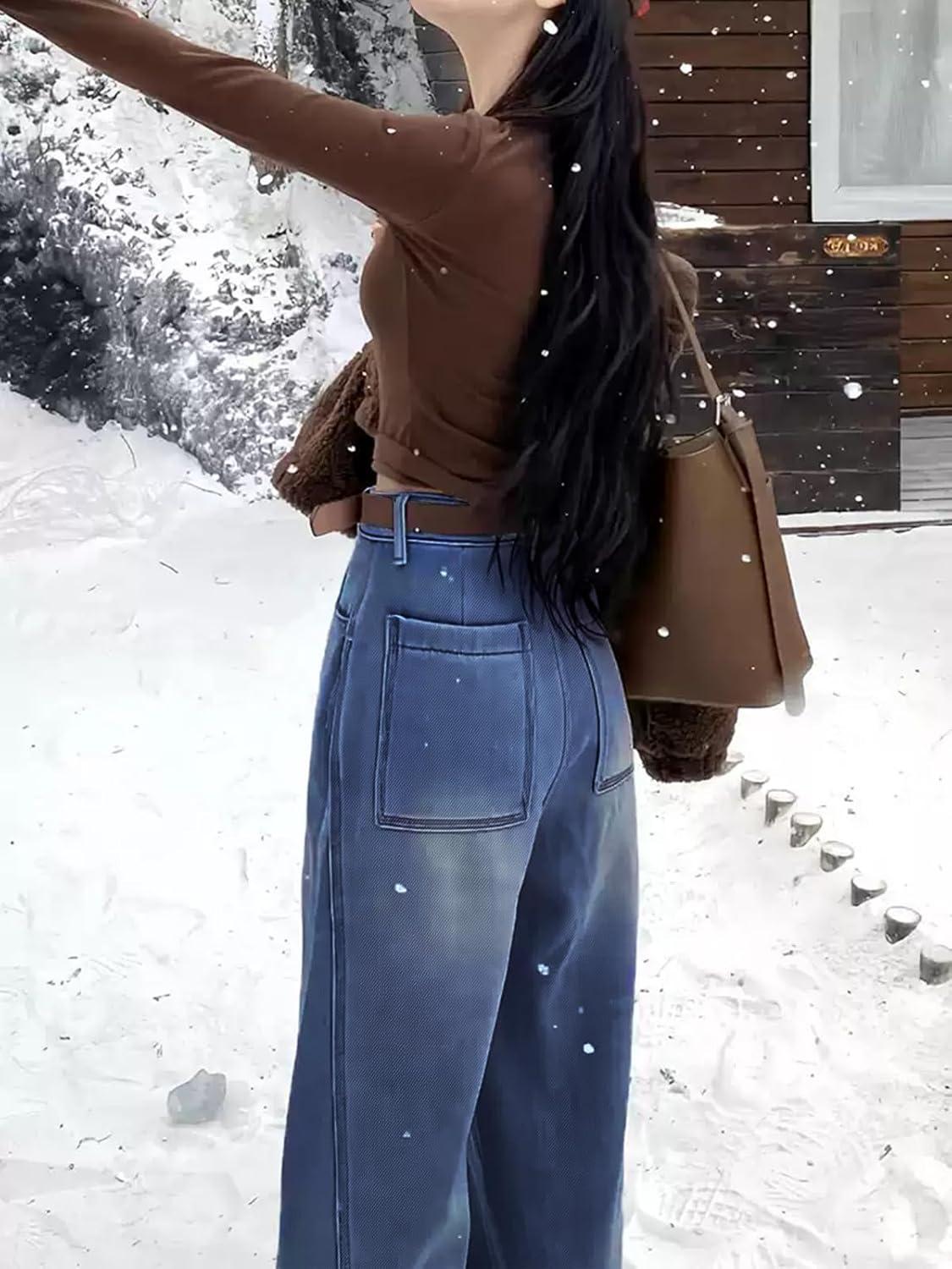 image:imageEMMIOL Baggy Jeans Women Straight Leg Mid Rise Boyfriend Wide Leg High Waisted Cute Trendy Y2K Loose Fit Pants StretchyFleece Lined 041blue