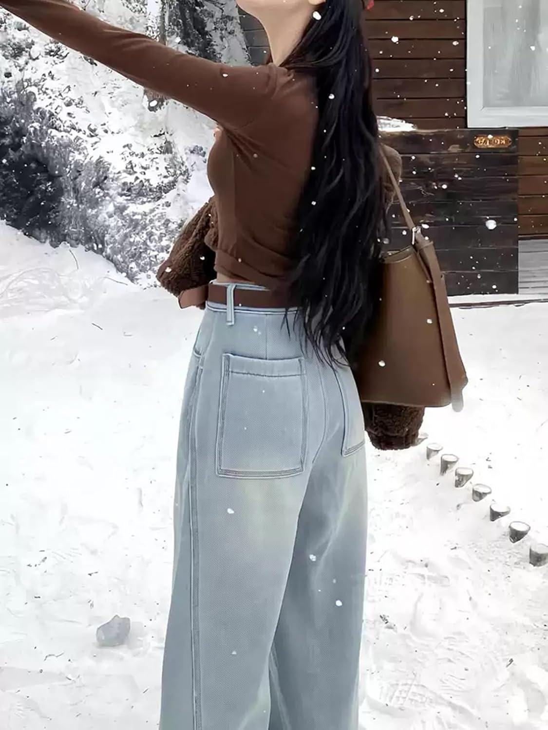 image:imageEMMIOL Baggy Jeans Women Straight Leg Mid Rise Boyfriend Wide Leg High Waisted Cute Trendy Y2K Loose Fit Pants StretchyFleece Lined 041light Blue