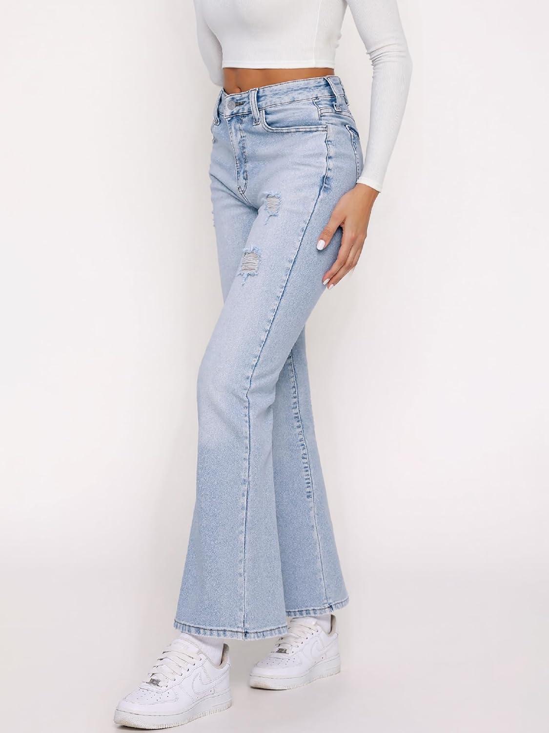 image:imageEMMIOL Womens Flare Wide Leg Jeans Stretchy High Waisted Bell Bottom 2026 Basic Bootcut Denim PantsHigh Rise Sky Blue