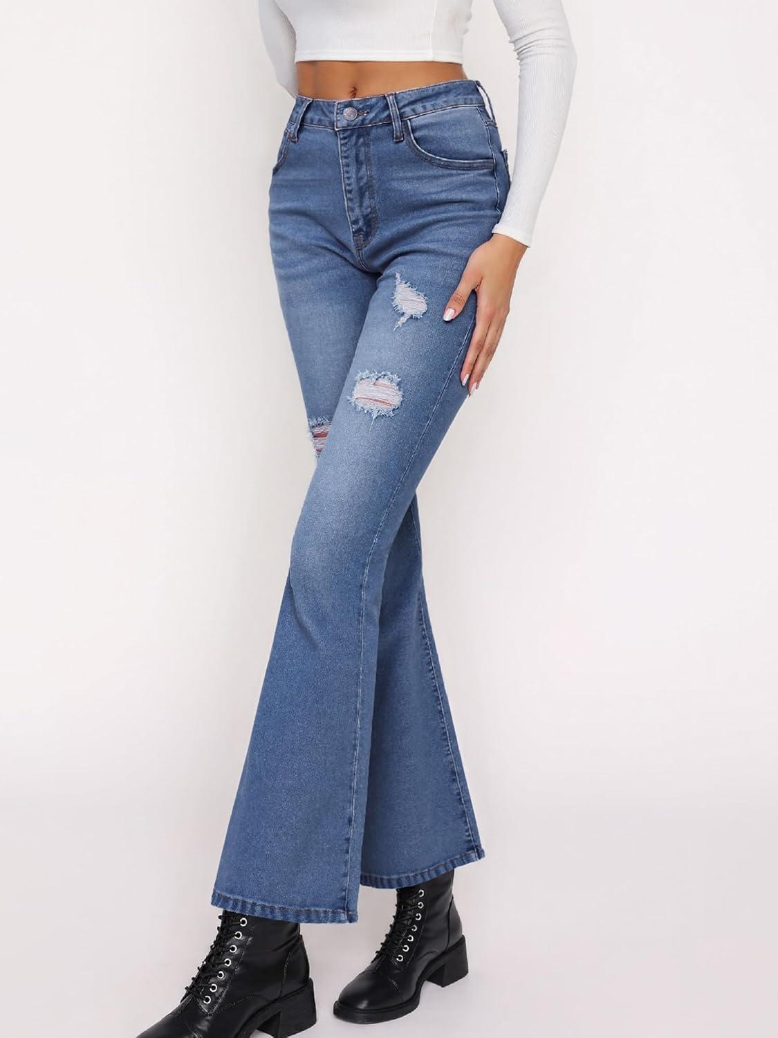 image:imageEMMIOL Womens Flare Wide Leg Jeans Stretchy High Waisted Bell Bottom 2026 Basic Bootcut Denim PantsMid Blue