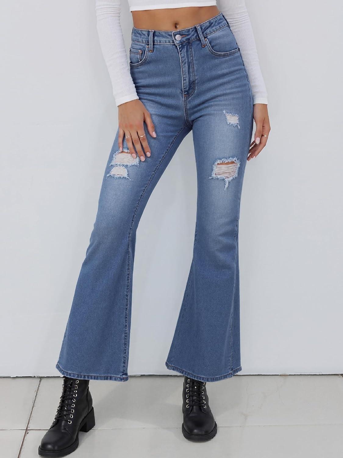 image:imageEMMIOL Womens Flare Wide Leg Jeans Stretchy High Waisted Bell Bottom 2026 Basic Bootcut Denim PantsMid Blue