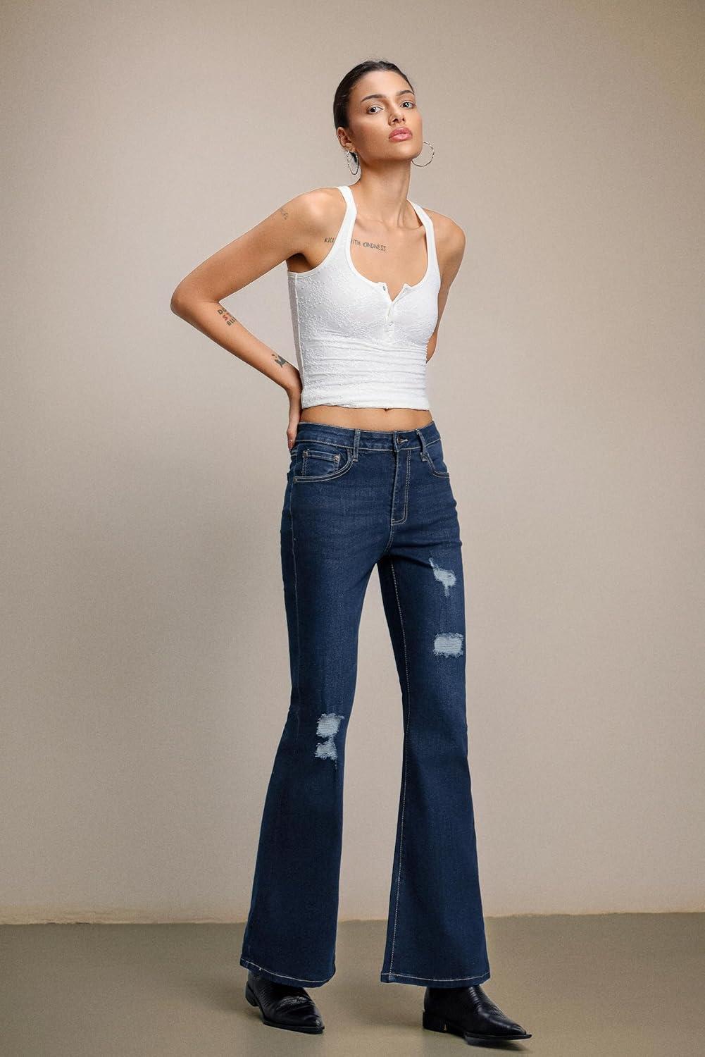 image:imageEMMIOL Womens Flare Wide Leg Jeans Stretchy High Waisted Bell Bottom 2026 Basic Bootcut Denim PantsMid Rise Dark Blue
