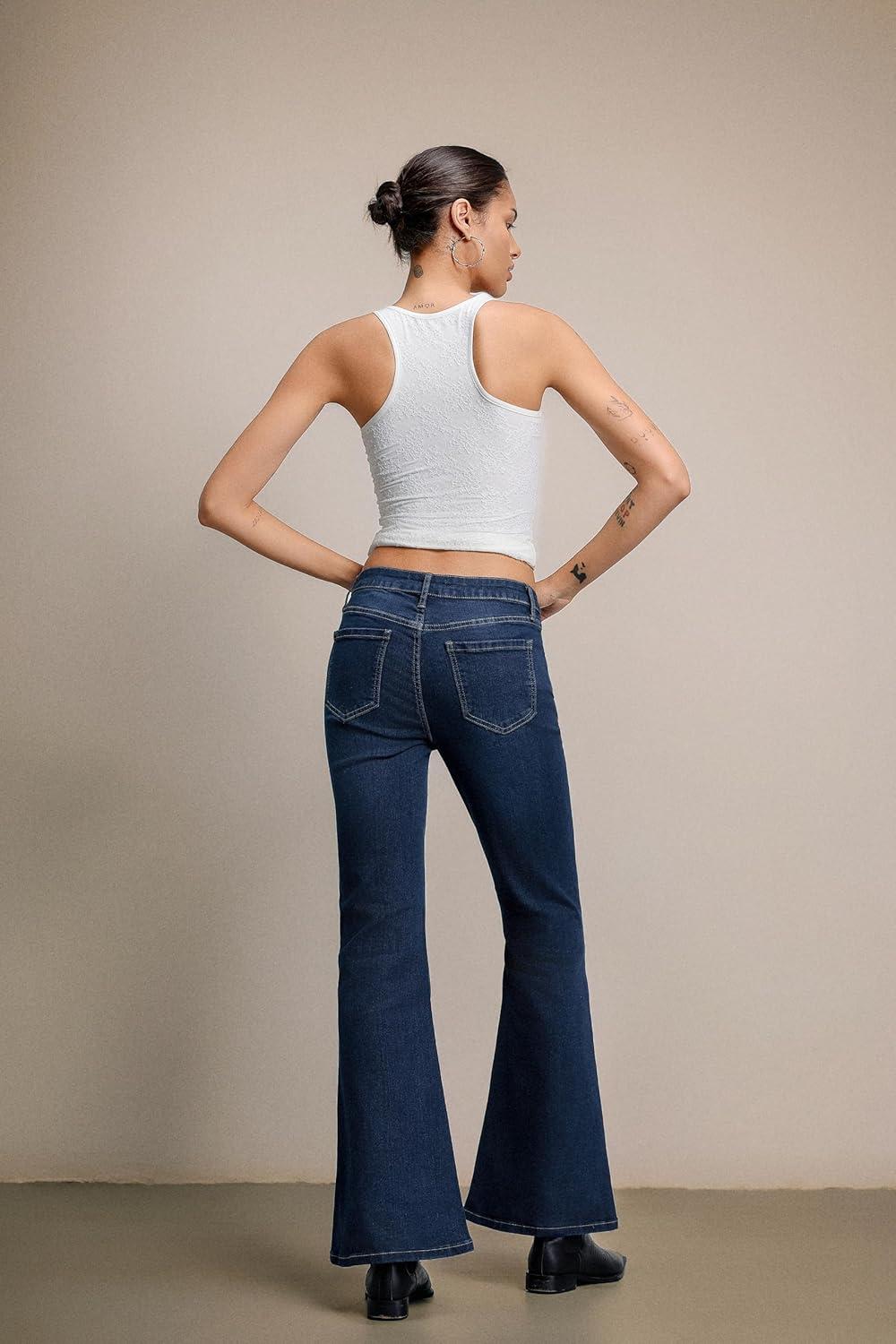 image:imageEMMIOL Womens Flare Wide Leg Jeans Stretchy High Waisted Bell Bottom 2026 Basic Bootcut Denim PantsMid Rise Dark Blue