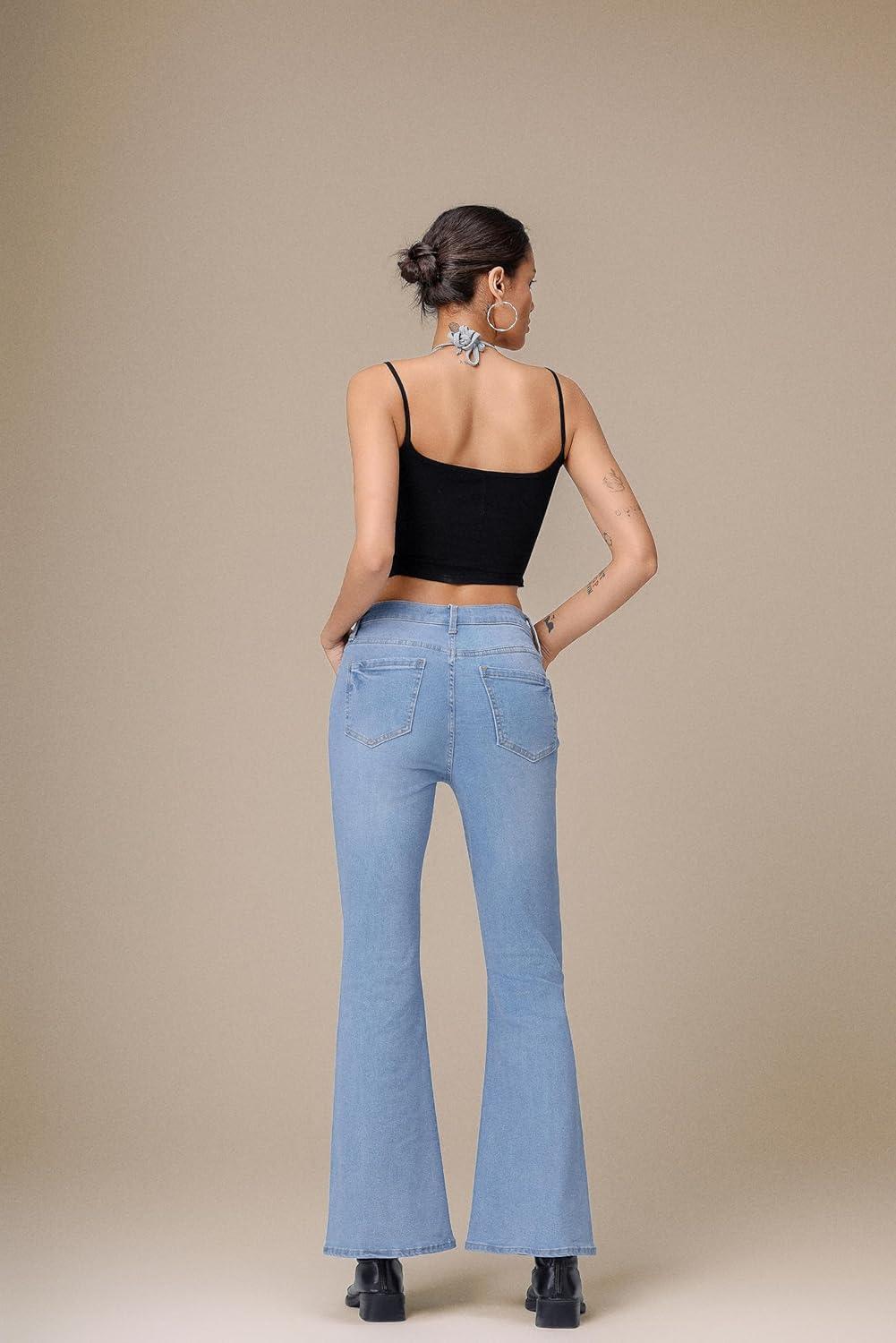 image:imageEMMIOL Womens Flare Wide Leg Jeans Stretchy High Waisted Bell Bottom 2026 Basic Bootcut Denim PantsMid Rise Light Blue