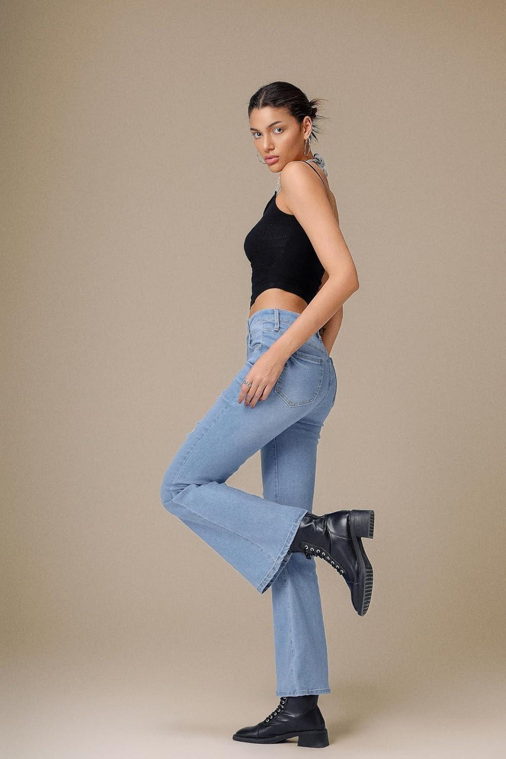 image:imageEMMIOL Womens Flare Wide Leg Jeans Stretchy High Waisted Bell Bottom 2026 Basic Bootcut Denim PantsMid Rise Light Blue