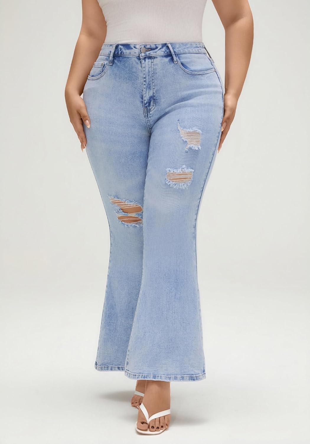 image:imageEMMIOL Womens Flare Wide Leg Jeans Stretchy High Waisted Bell Bottom 2026 Basic Bootcut Denim PantsMid Rise Sky Blue