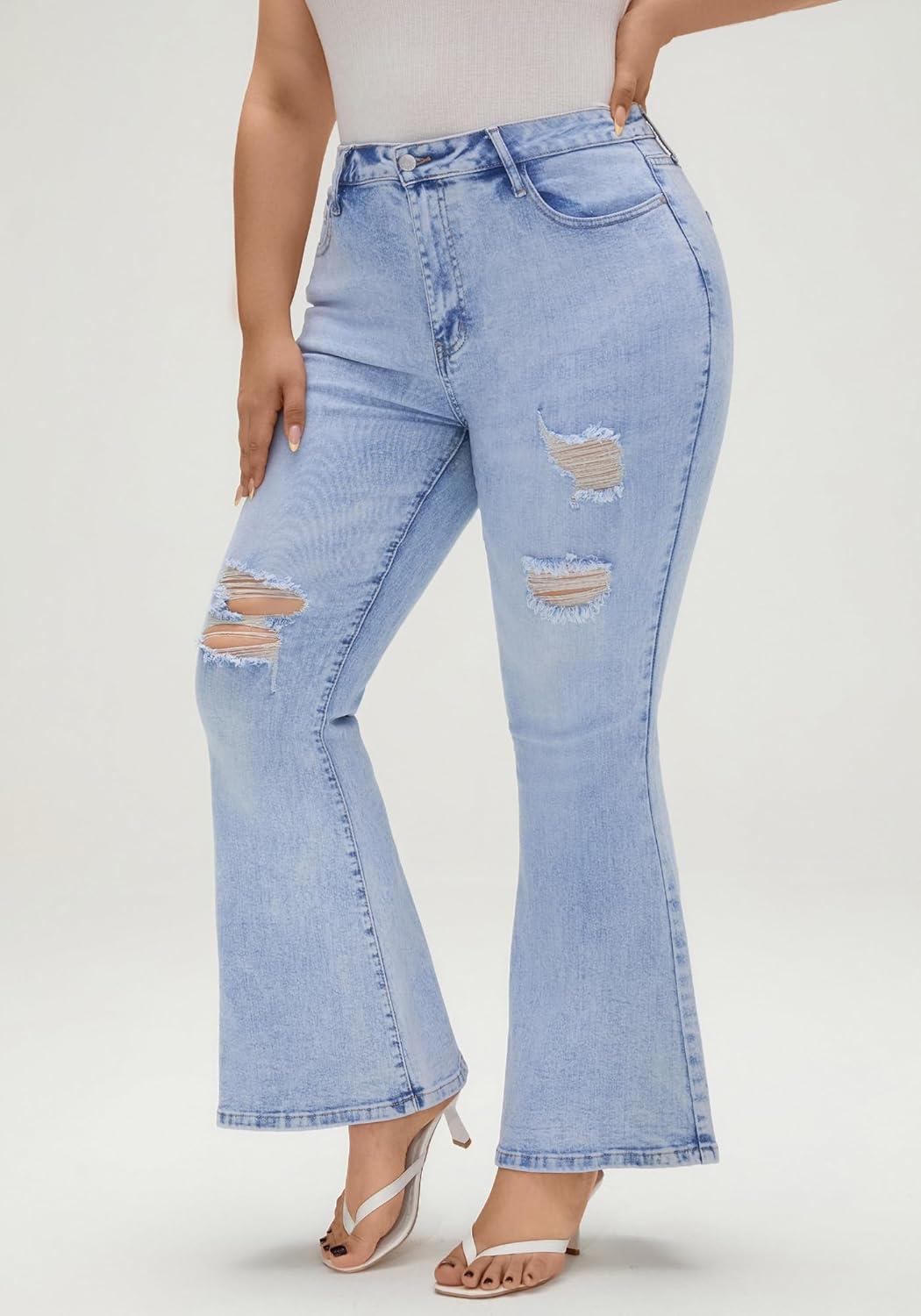 image:imageEMMIOL Womens Flare Wide Leg Jeans Stretchy High Waisted Bell Bottom 2026 Basic Bootcut Denim PantsMid Rise Sky Blue