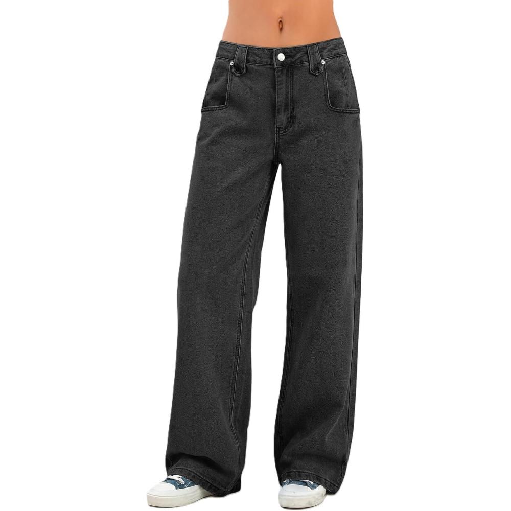 image:imageEMMIOL Baggy Jeans Women Straight Leg Mid Rise Boyfriend Wide Leg High Waisted Cute Trendy Y2K Loose Fit Pants Stretchy047black 2