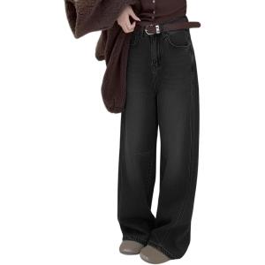 EMMIOL Baggy Jeans Women Straight Leg Mid Rise Boyfriend Wide Leg High Waisted Cute Trendy Y2K Loose Fit Pants Stretchy(Fleece Lined 041-black)