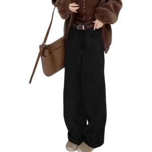 EMMIOL Baggy Jeans Women Straight Leg Mid Rise Boyfriend Wide Leg High Waisted Cute Trendy Y2K Loose Fit Pants Stretchy(Fleece Lined 041-dark Black)