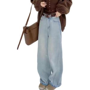 EMMIOL Baggy Jeans Women Straight Leg Mid Rise Boyfriend Wide Leg High Waisted Cute Trendy Y2K Loose Fit Pants Stretchy(Fleece Lined 041-light Blue)