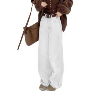 EMMIOL Baggy Jeans Women Straight Leg Mid Rise Boyfriend Wide Leg High Waisted Cute Trendy Y2K Loose Fit Pants Stretchy(Fleece Lined 041-white)