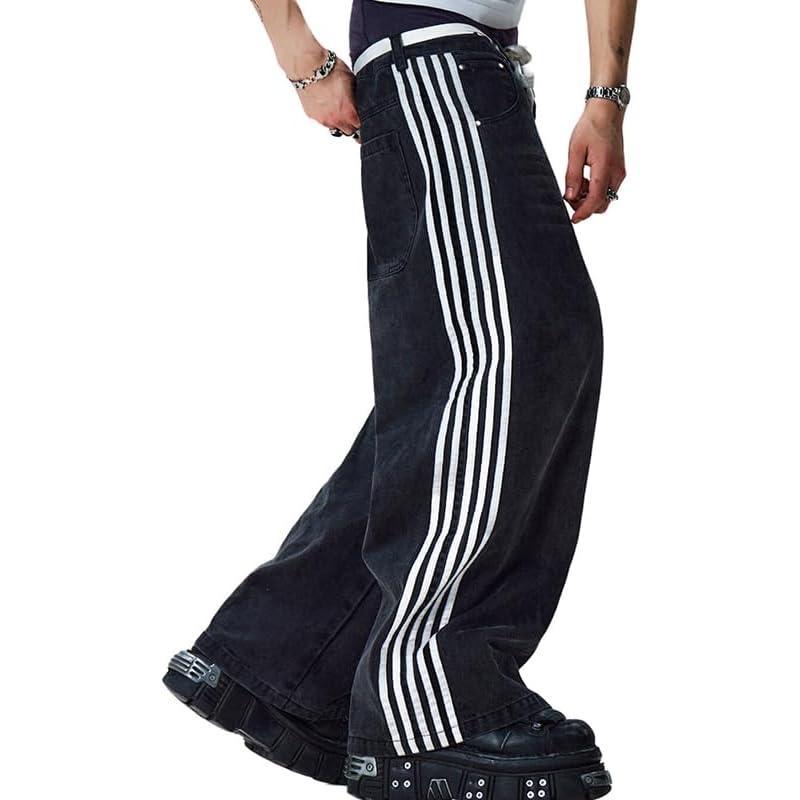 image:imageMens Baggy Jeans Wide Leg Black Skater Striped Jnco Y2k Denim Pants Oversized Streetwear Blue Y2k Clothes with DesignBlack