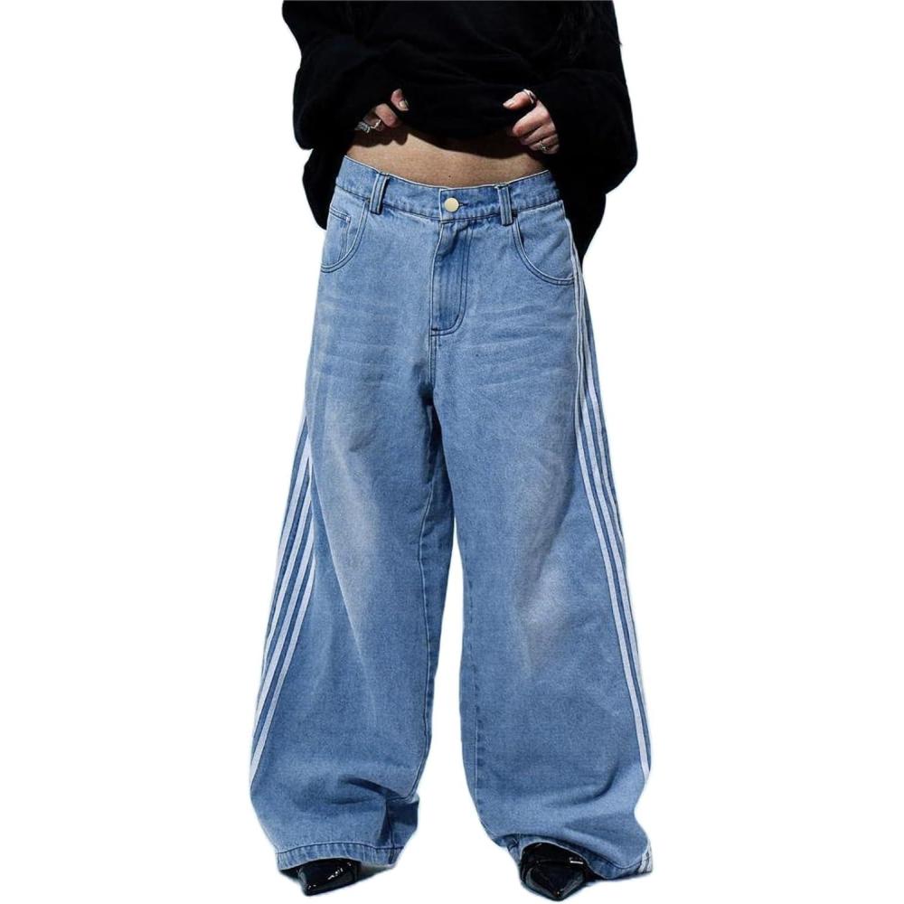 image:imageMens Baggy Jeans Wide Leg Black Skater Striped Jnco Y2k Denim Pants Oversized Streetwear Blue Y2k Clothes with DesignBlue