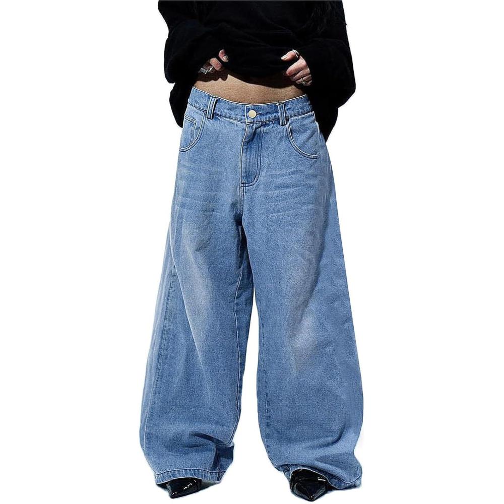 image:imageMens Baggy Jeans Wide Leg Black Skater Striped Jnco Y2k Denim Pants Oversized Streetwear Blue Y2k Clothes with DesignBluenonstriped