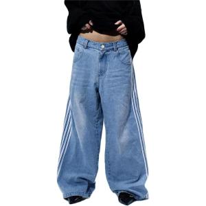 Mens Baggy Jeans Wide Leg, Black Skater Striped Jnco Y2k Denim Pants Oversized Streetwear, Blue Y2k Clothes with Design(Blue)