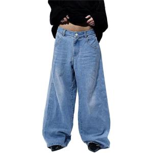 Mens Baggy Jeans Wide Leg, Black Skater Striped Jnco Y2k Denim Pants Oversized Streetwear, Blue Y2k Clothes with Design(Blue+non-striped)
