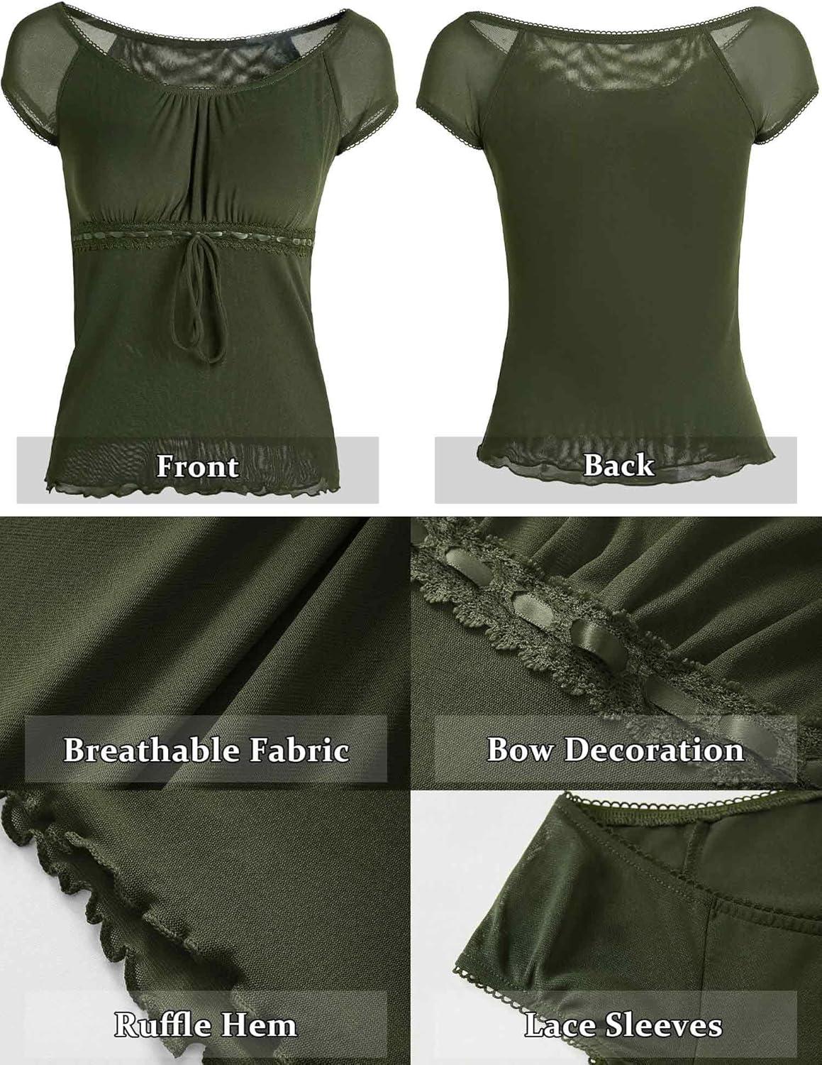 image:imageY2K Mesh Top Women Babydoll Short Sleeve Shirt Scoop Neck Ruffle Hem ClothesArmy Green