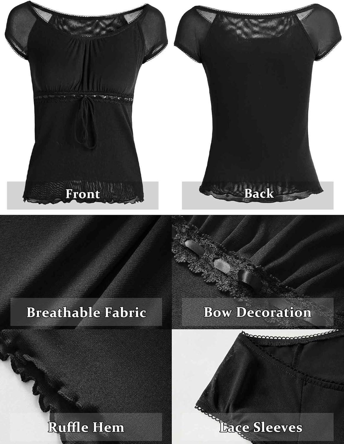 image:imageY2K Mesh Top Women Babydoll Short Sleeve Shirt Scoop Neck Ruffle Hem ClothesBlack