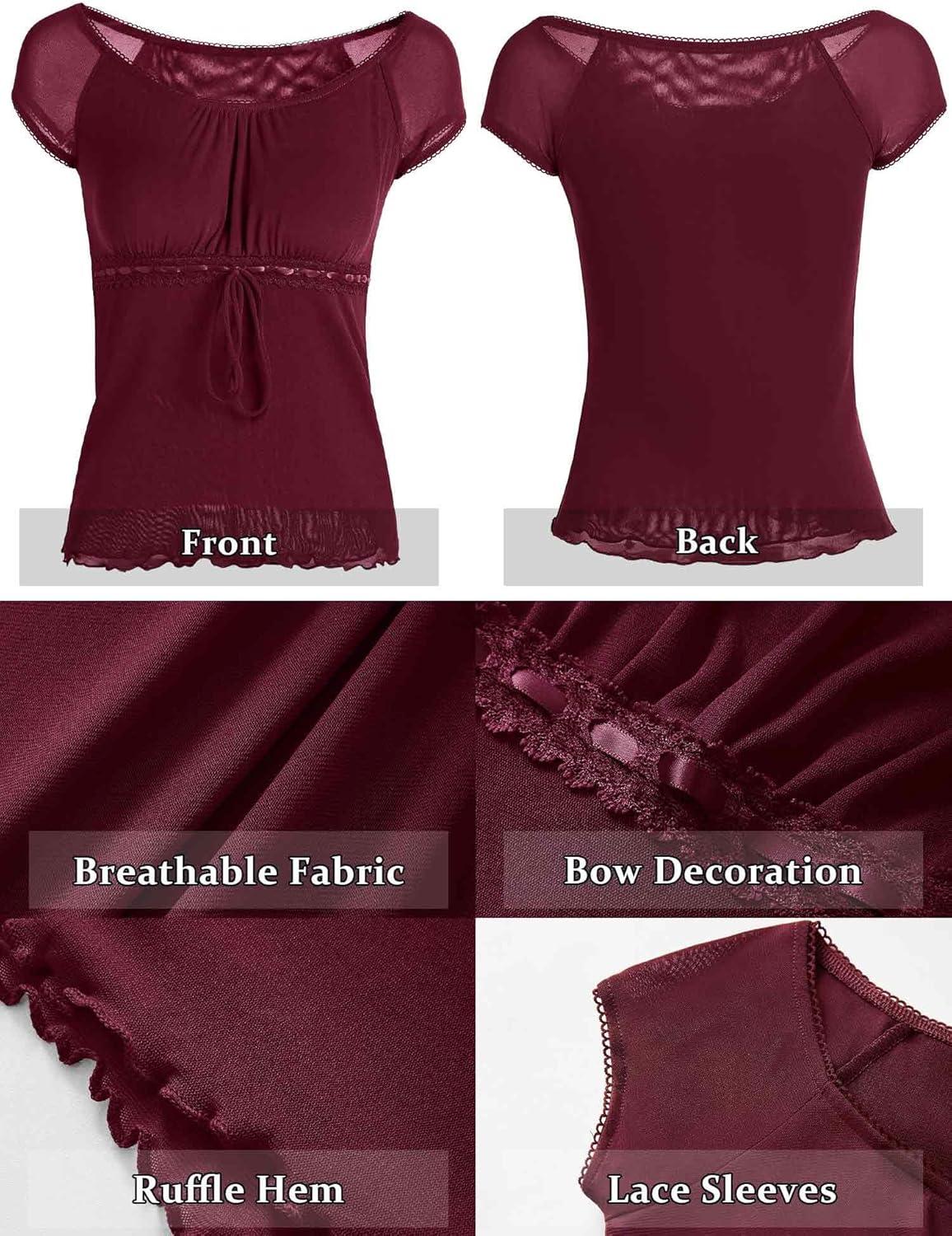 image:imageY2K Mesh Top Women Babydoll Short Sleeve Shirt Scoop Neck Ruffle Hem ClothesBurgundy