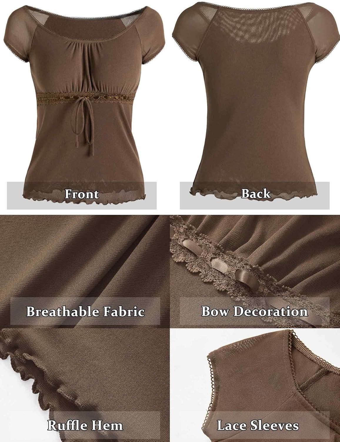 image:imageY2K Mesh Top Women Babydoll Short Sleeve Shirt Scoop Neck Ruffle Hem ClothesCoffee Brown
