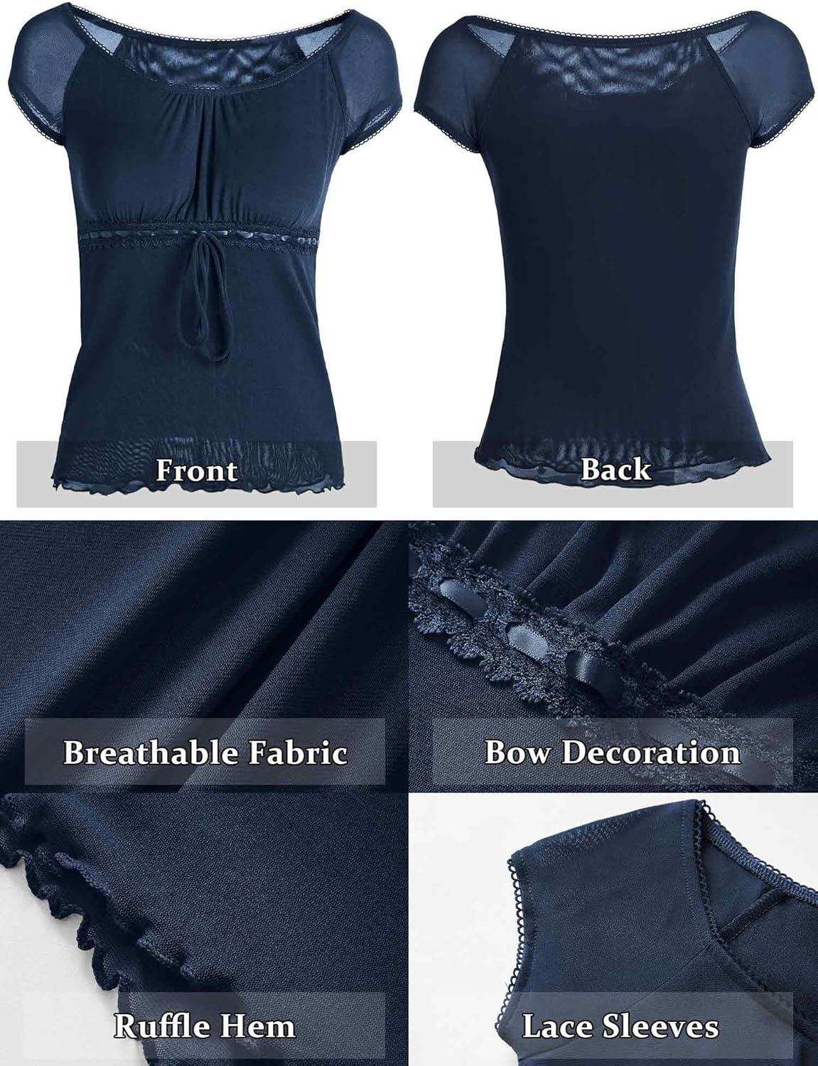 image:imageY2K Mesh Top Women Babydoll Short Sleeve Shirt Scoop Neck Ruffle Hem ClothesNavy Blue
